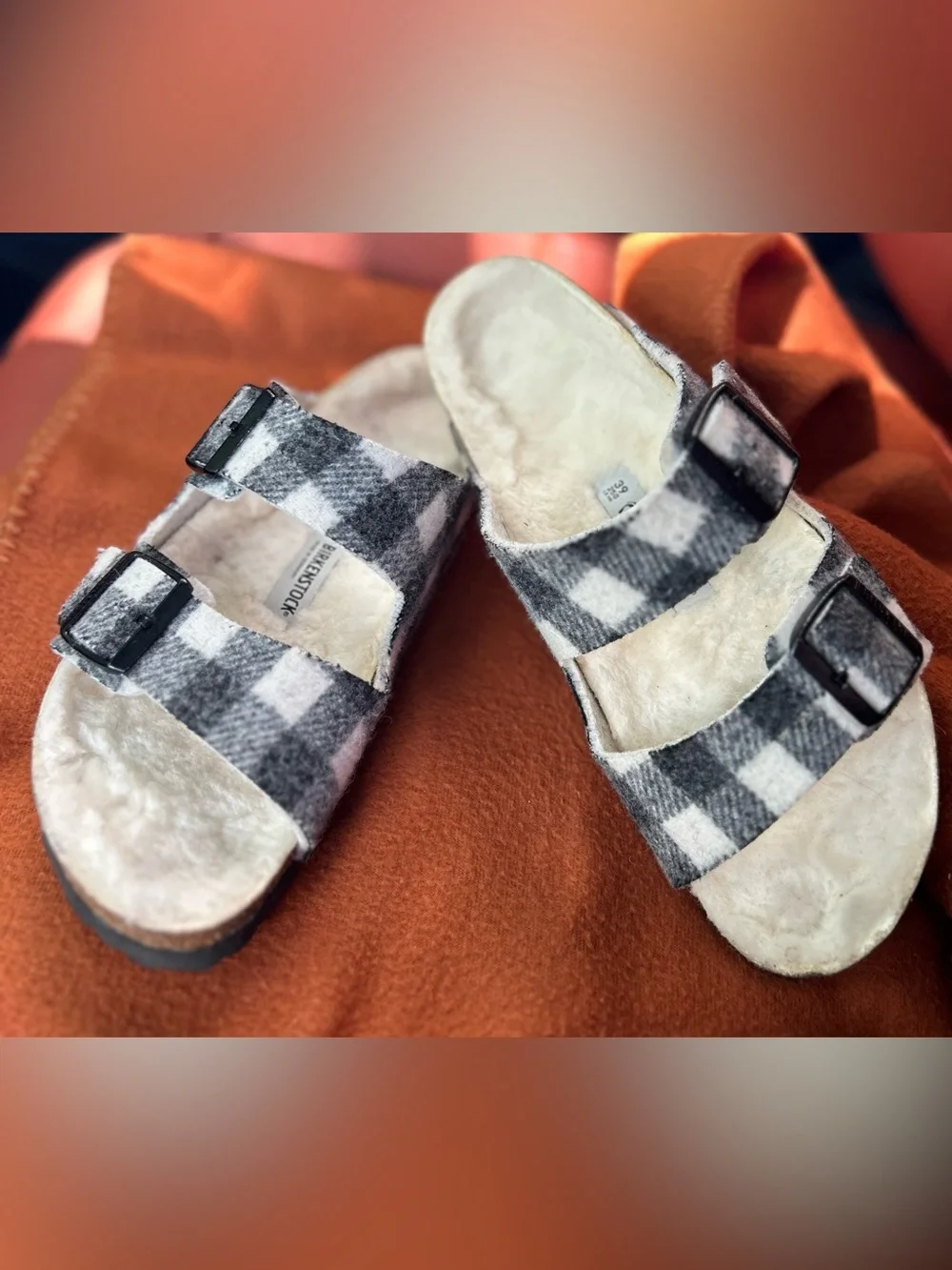 Birkenstock Wool Plush Lined Black & White Buffalo Plaid womens Sandals size 8